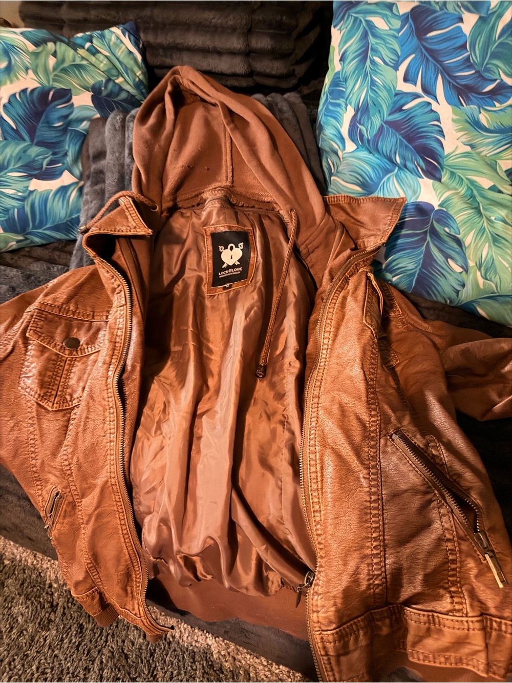 Men's Brown Leather Hooded Jacket with Zip Front